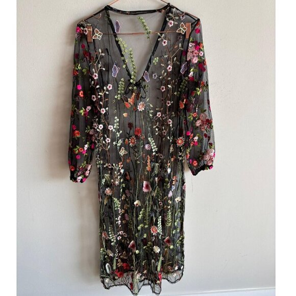 Unbranded Womens Embroidered Floral Cover Up Long Dress Black Size Medium - Picture 5 of 10